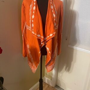 Mororeno Orange Open Front Cardigan with White Embroidered Pattern Sz. Small